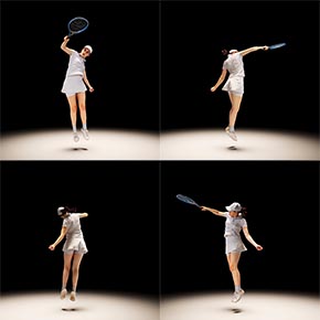 Scan 3D dynamique d'une femme réalisant un smatch au tennis - Rendu 3D